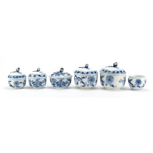 458 - Five Meissen sugar bowls with floral knopped lids and a open sugar bowl, each hand painted with the ... 