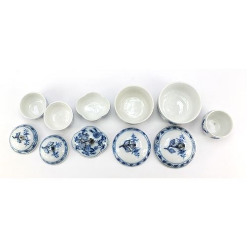 458 - Five Meissen sugar bowls with floral knopped lids and a open sugar bowl, each hand painted with the ... 