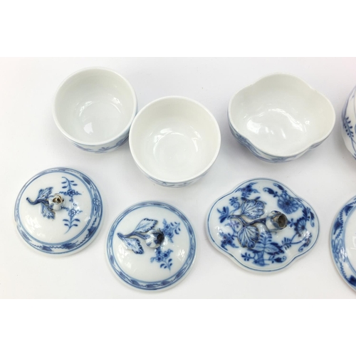 458 - Five Meissen sugar bowls with floral knopped lids and a open sugar bowl, each hand painted with the ... 