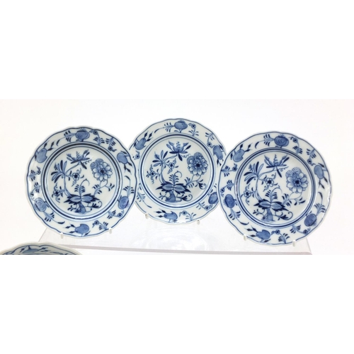 465 - Three Meissen plates, shallow bowl, scallop dish and one other, each hand painted in the Blue Onion ... 