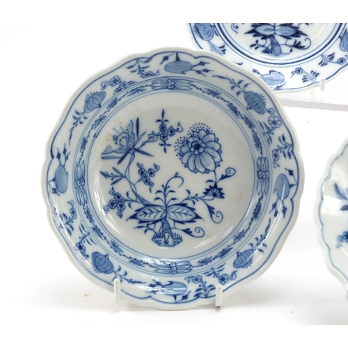 465 - Three Meissen plates, shallow bowl, scallop dish and one other, each hand painted in the Blue Onion ... 