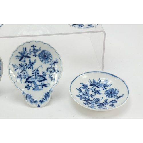 465 - Three Meissen plates, shallow bowl, scallop dish and one other, each hand painted in the Blue Onion ... 