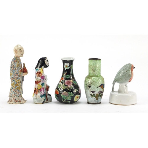 1549 - China and metalware including a Japanese cloisonné vase, Japanese Satsuma figure and a Rye bird, the... 