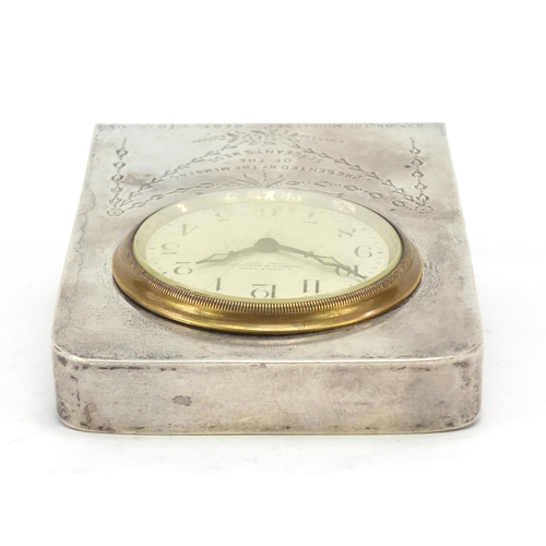 211 - British Military interest silver desk clock with Orr & Sons movement, the case engraved Presented to... 