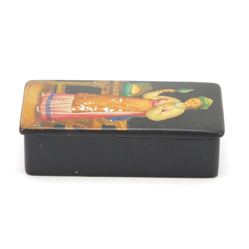 341 - Russian lacquered snuff box, hand painted with a female in an interior, 10.5cm wide