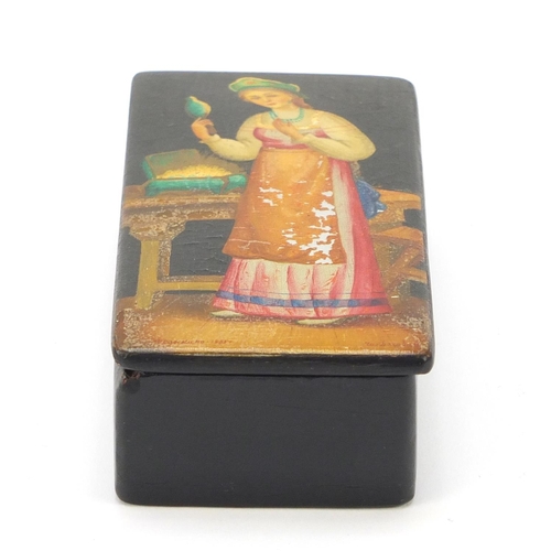 341 - Russian lacquered snuff box, hand painted with a female in an interior, 10.5cm wide