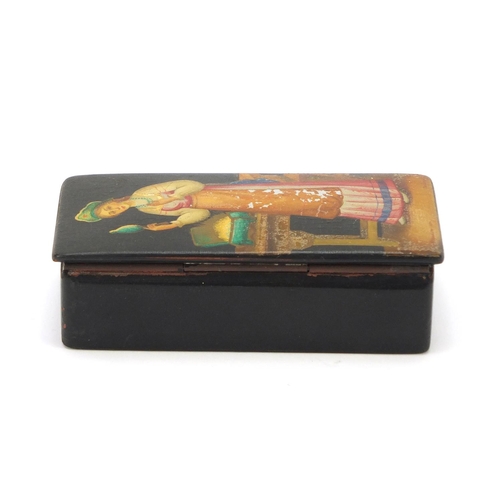 341 - Russian lacquered snuff box, hand painted with a female in an interior, 10.5cm wide