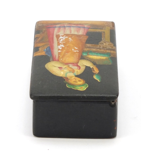 341 - Russian lacquered snuff box, hand painted with a female in an interior, 10.5cm wide