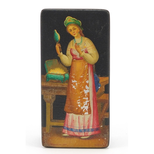 341 - Russian lacquered snuff box, hand painted with a female in an interior, 10.5cm wide