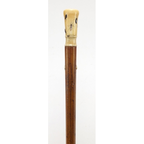 74 - Malacca walking stick with a Japanese Shibayama pommel inlaid with insects, carved with character ma... 