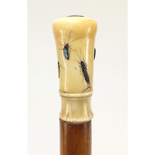 74 - Malacca walking stick with a Japanese Shibayama pommel inlaid with insects, carved with character ma... 