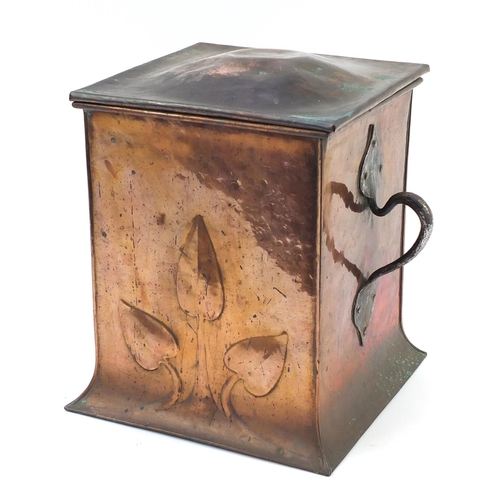 132 - Large Arts & Crafts copper and iron coal box with twin handles embossed with leaves, 46cm high