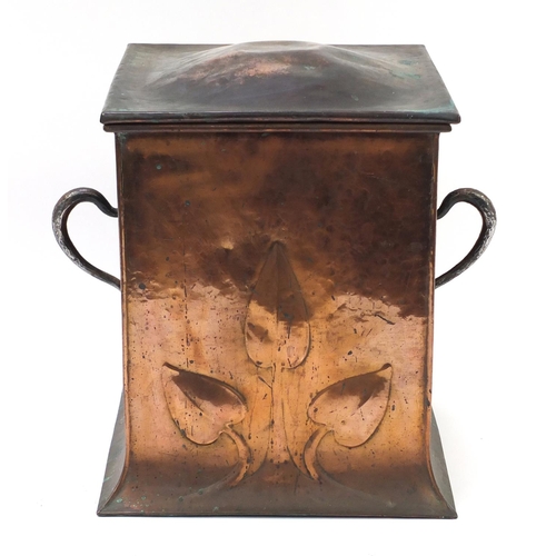 132 - Large Arts & Crafts copper and iron coal box with twin handles embossed with leaves, 46cm high