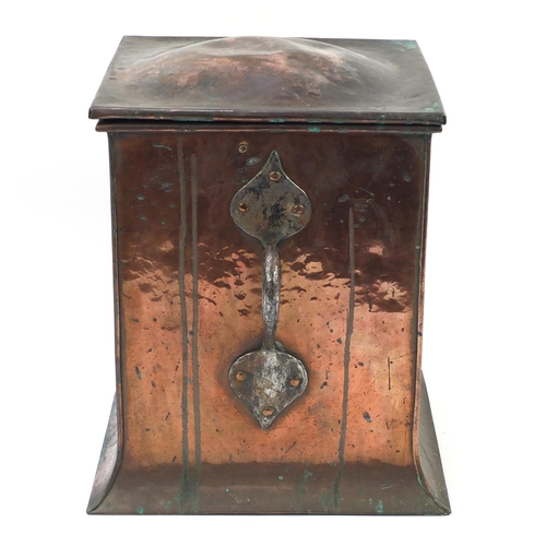 132 - Large Arts & Crafts copper and iron coal box with twin handles embossed with leaves, 46cm high