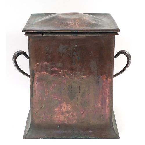 132 - Large Arts & Crafts copper and iron coal box with twin handles embossed with leaves, 46cm high