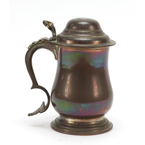 116 - 18th century copper tankard inset with a 1723 silver shilling, 20cm high