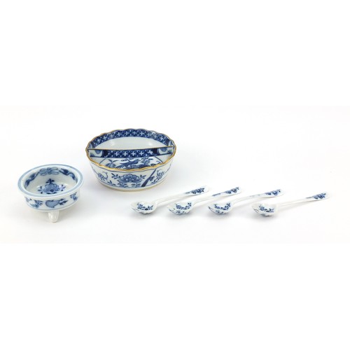 97 - Meissen fluted butter dish, mustard dish and four teaspoons, each hand painted in the Blue Onion pat... 