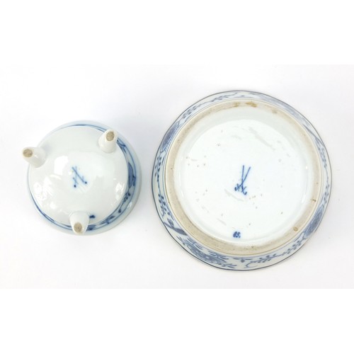 97 - Meissen fluted butter dish, mustard dish and four teaspoons, each hand painted in the Blue Onion pat... 