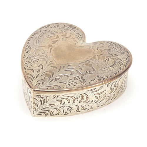 24 - American sterling silver love heart shaped jewel box with velvet lined interior, numbered 504 to the... 