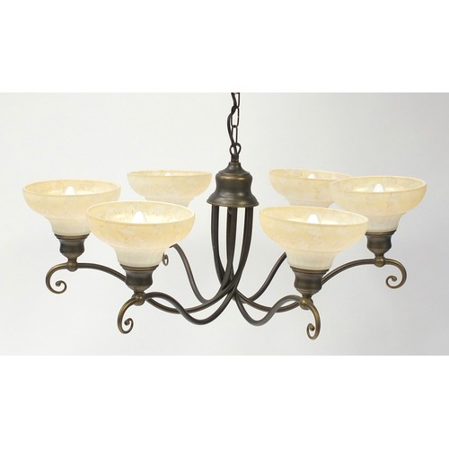 2059 - Bronzed six branched light fitting with marbleised glass shades, 73cm in diameter