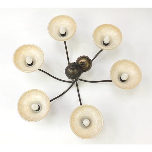 2059 - Bronzed six branched light fitting with marbleised glass shades, 73cm in diameter