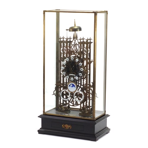 610 - Large French design skeleton clock with moon face and glass case, overall 71cm H x 37cm W x 22cm D