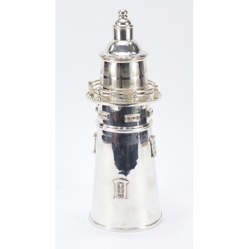 609 - Large silver plated cocktail shaker in the form of a lighthouse, 35.5cm high