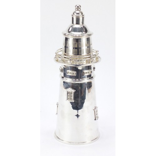 609 - Large silver plated cocktail shaker in the form of a lighthouse, 35.5cm high