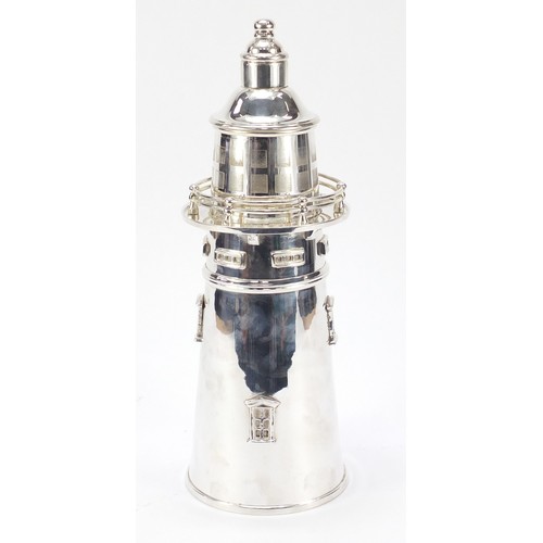 609 - Large silver plated cocktail shaker in the form of a lighthouse, 35.5cm high