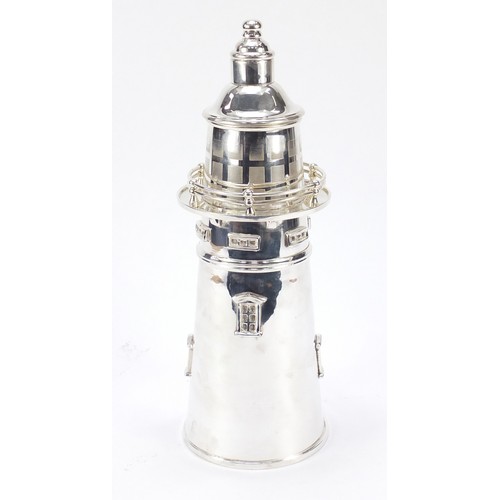 609 - Large silver plated cocktail shaker in the form of a lighthouse, 35.5cm high