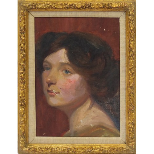 355 - Portrait of a female, late 19th century American school oil on canvas laid on board, mounted and fra... 