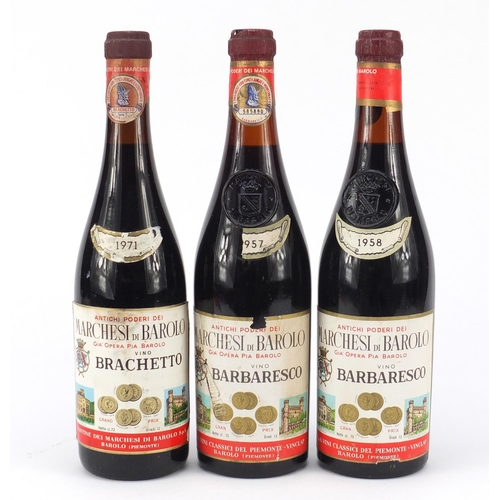 606 - Three bottles of Marchesi di Barolo Barbaresco/Brachetto Piedmonte red wine comprising dates 1957, 1... 