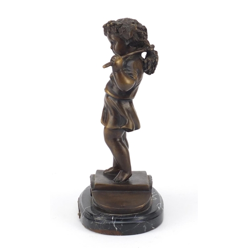 335 - Patinated bronze figure of a young figure gathering grapes, titled La Vendange, raised on an oval bl... 