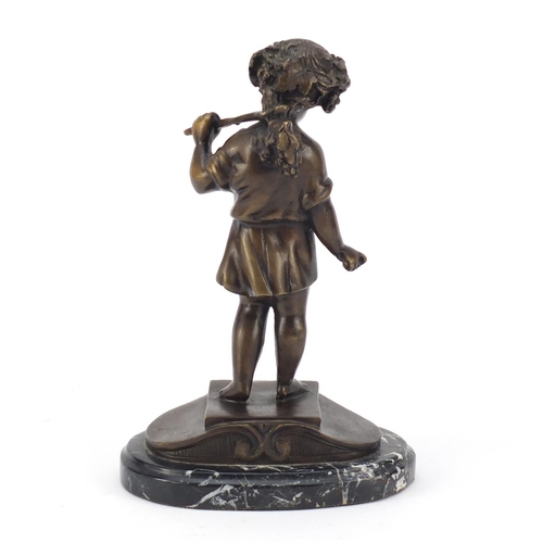 335 - Patinated bronze figure of a young figure gathering grapes, titled La Vendange, raised on an oval bl... 