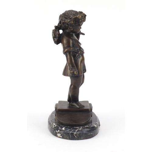 335 - Patinated bronze figure of a young figure gathering grapes, titled La Vendange, raised on an oval bl... 