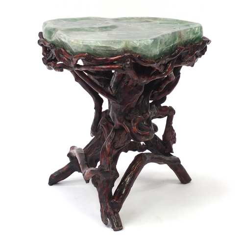 258 - Chinese fluorite specimen tea table raised on a gnarled root base, 54.5cm H x 51cm W x 46cm D