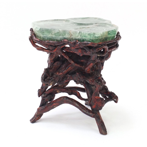 258 - Chinese fluorite specimen tea table raised on a gnarled root base, 54.5cm H x 51cm W x 46cm D