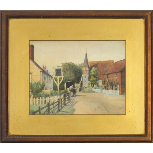 357 - J H Burrow - Street scene with horse drawn cart, watercolour, mounted, framed and glazed, 28cm x 22c... 