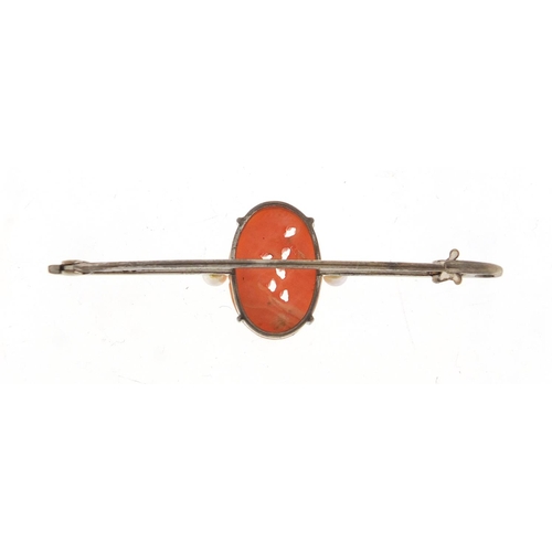 402 - Chinese 9ct white gold coral and pearl bar brooch, carved with flowers, 5cm in length, 2.6g