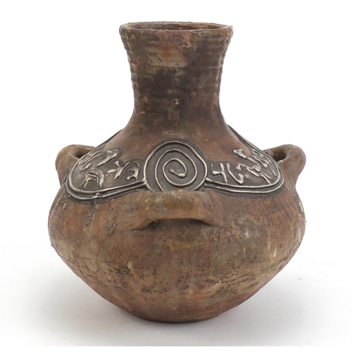 1561 - Roman style terracotta vase with three handles having embossed 925 silver overlay, impressed Domar, ... 