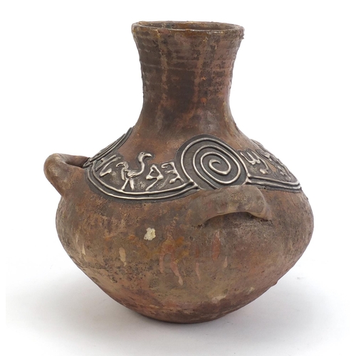 1561 - Roman style terracotta vase with three handles having embossed 925 silver overlay, impressed Domar, ... 