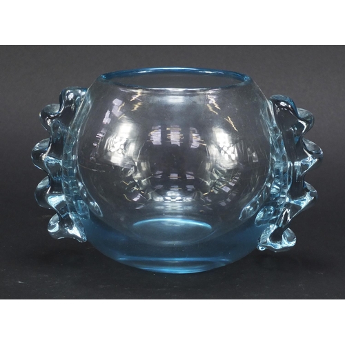 1560 - Powell spherical glass vase with applied ribbed lug handles, 12.5cm high