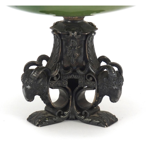 279 - 19th century nephrite topped sweetmeat dish on silver column base mounted with rams heads, retailed ... 