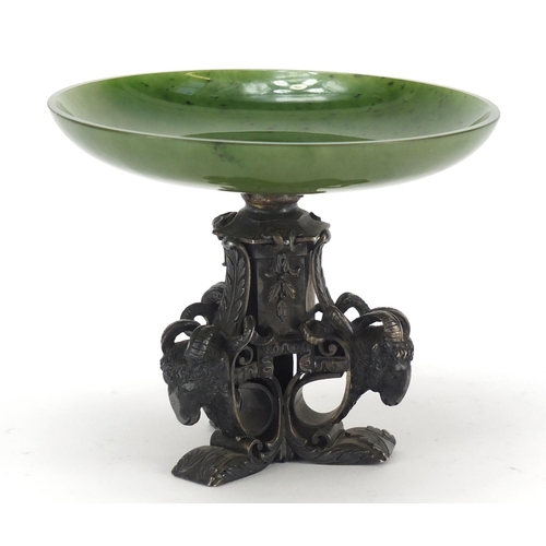 279 - 19th century nephrite topped sweetmeat dish on silver column base mounted with rams heads, retailed ... 