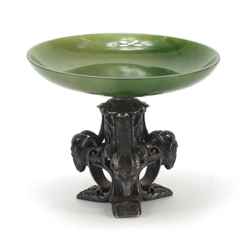 279 - 19th century nephrite topped sweetmeat dish on silver column base mounted with rams heads, retailed ... 