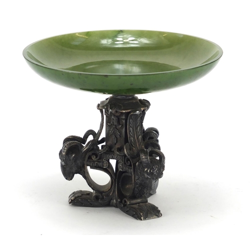 279 - 19th century nephrite topped sweetmeat dish on silver column base mounted with rams heads, retailed ... 