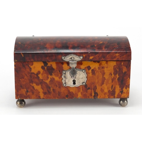 287 - Early 19th century tortoiseshell dome topped casket with unmarked silver mounts and ball feet, 11.5c... 