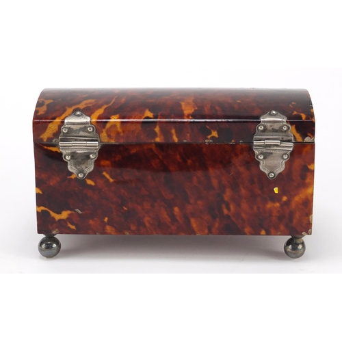 287 - Early 19th century tortoiseshell dome topped casket with unmarked silver mounts and ball feet, 11.5c... 