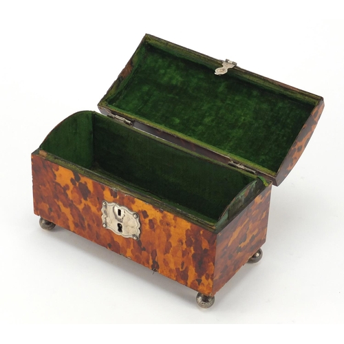 287 - Early 19th century tortoiseshell dome topped casket with unmarked silver mounts and ball feet, 11.5c... 