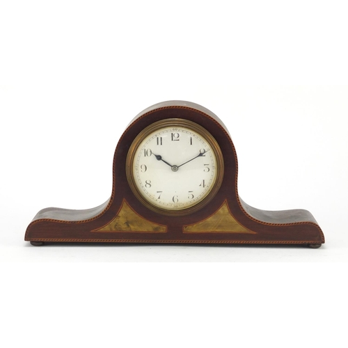 615 - Inlaid mahogany Napoleon hat shaped mantle clock with enamel dial having Arabic numerals, 30.5cm wid... 